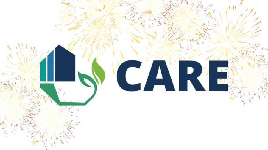 CARE-Logo with fireworks in the background.