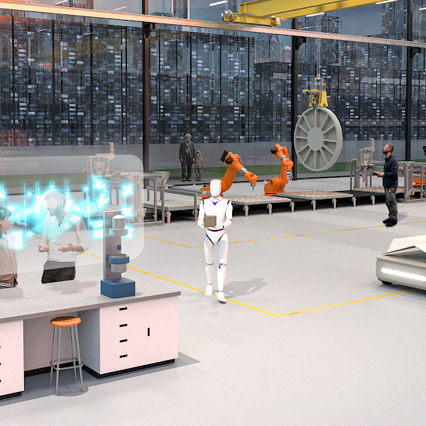 an automated production line and a modern building materials testing laboratory with a glass facade