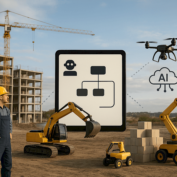 A modern construction site with diggers and drones, with a worker standing in front of them.